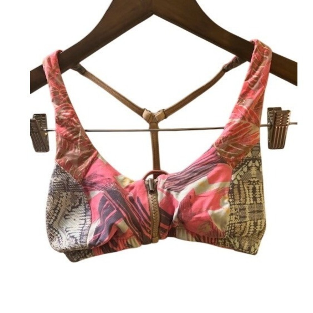 Maaji Women's Mixed Print Front Zip Strappy T-Back Bikini Top Pink Tan Size M